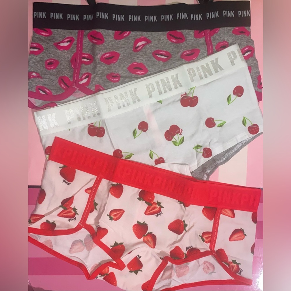 3 PINK panties bundle Victoria's Secret Panties cotton Boyshort lips cherry